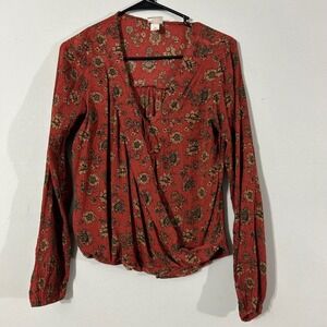 Mossimo Supply Co Floral Print Long Sleeve Wrap Top Women Size S Red Brown